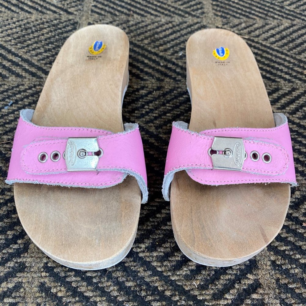 PINK!  Vintage Dr. Scholl's Leather / Wooden Clogs - Size 7.5